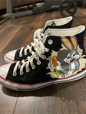 Converse Black & White High Top Sneakers with Red Trim - Bugs Bunny Patch
